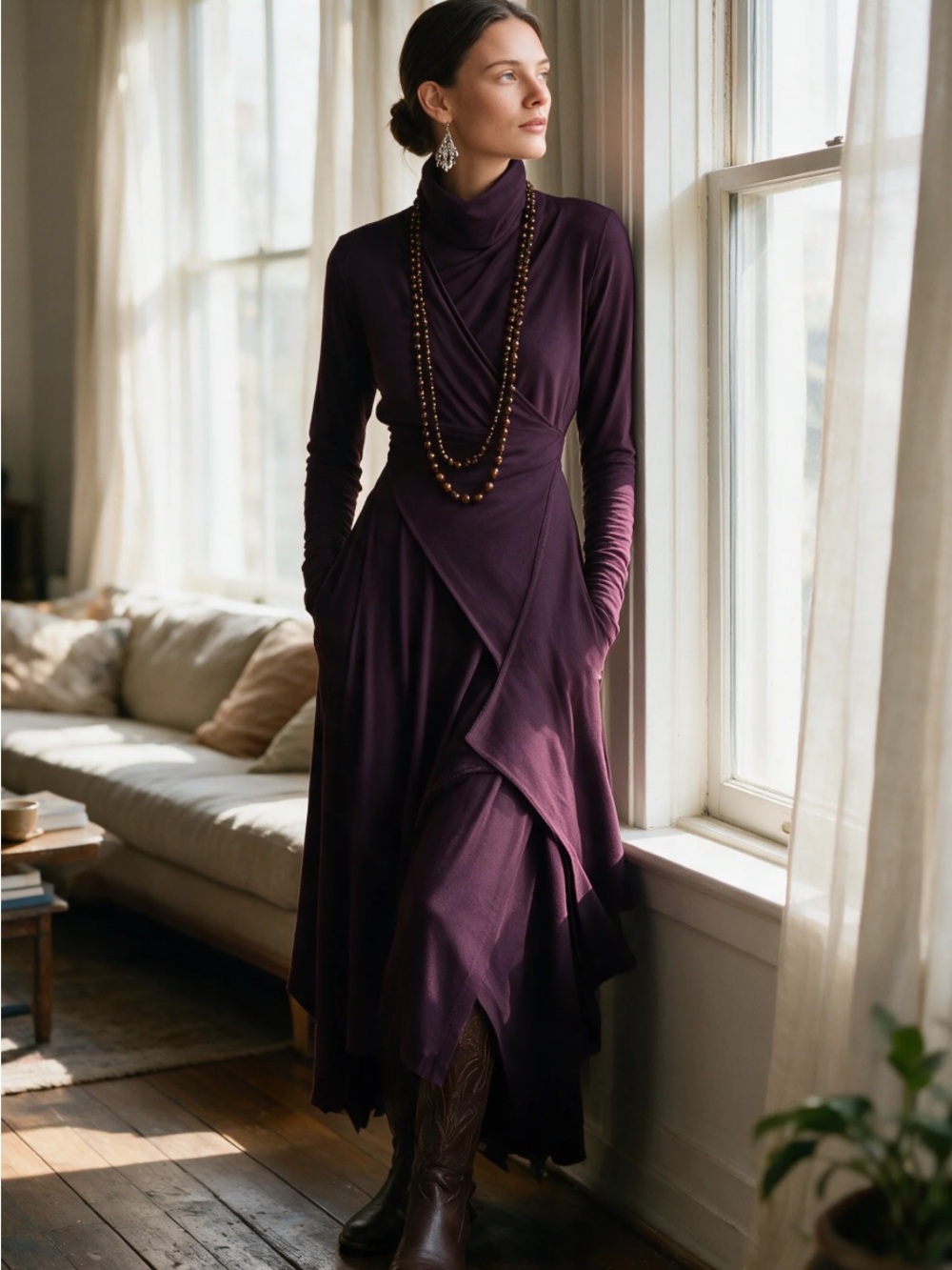 Modesees Draped Turtleneck Maxi Dress in Deep Plum